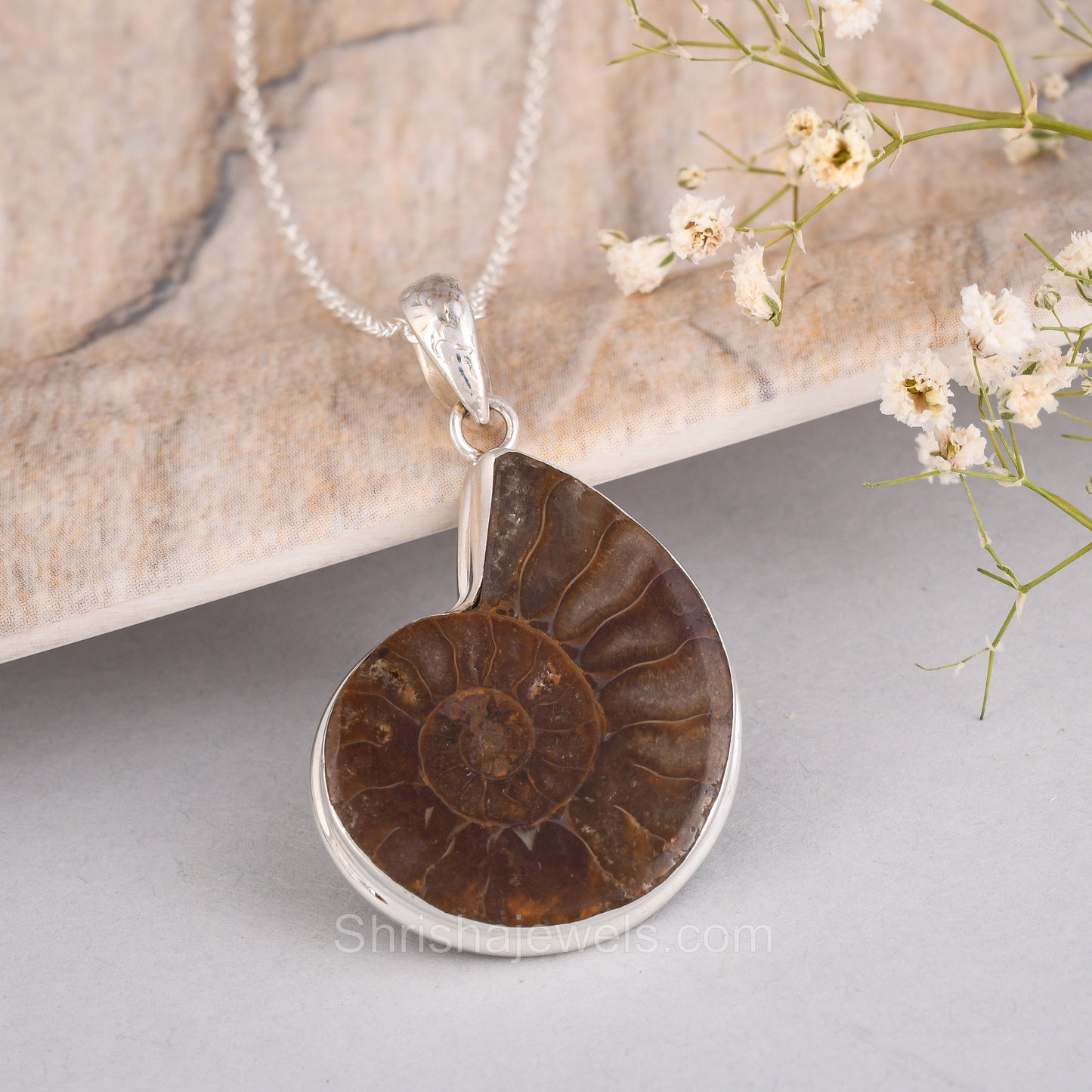 Ammonite Fossil 925 Sterling Silver Pendant - One of Kind Ring - Shrisha Jewels - SJPD-10021