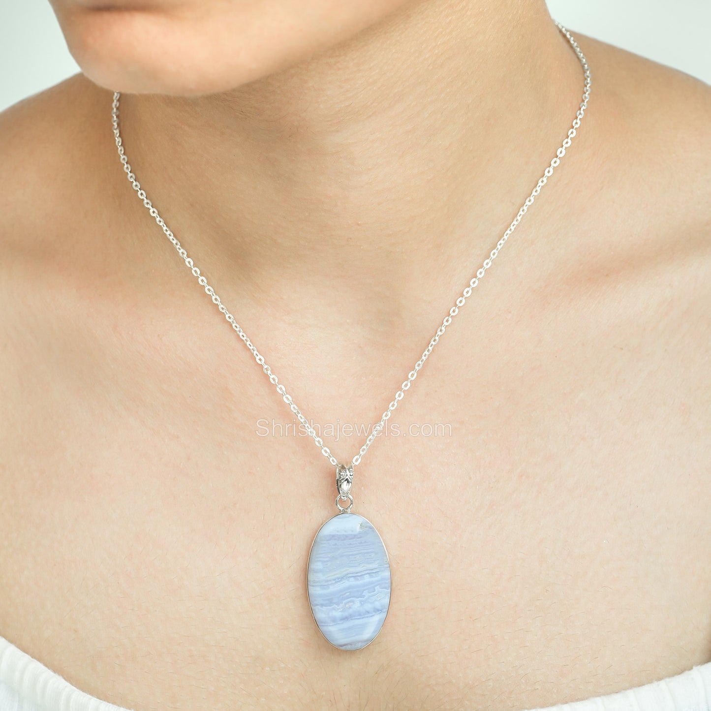 Blue Lace Agate 925 Sterling Silver Pendant - One of Kind Ring - Shrisha Jewels - SJPD-10028