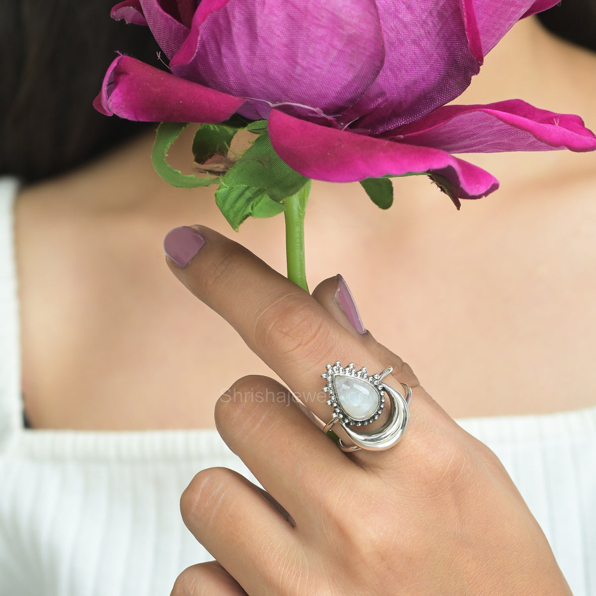 Crescent Moon Rainbow Moonstone 925 Silver Ring - Shrisha Jewels - SJRG-10078