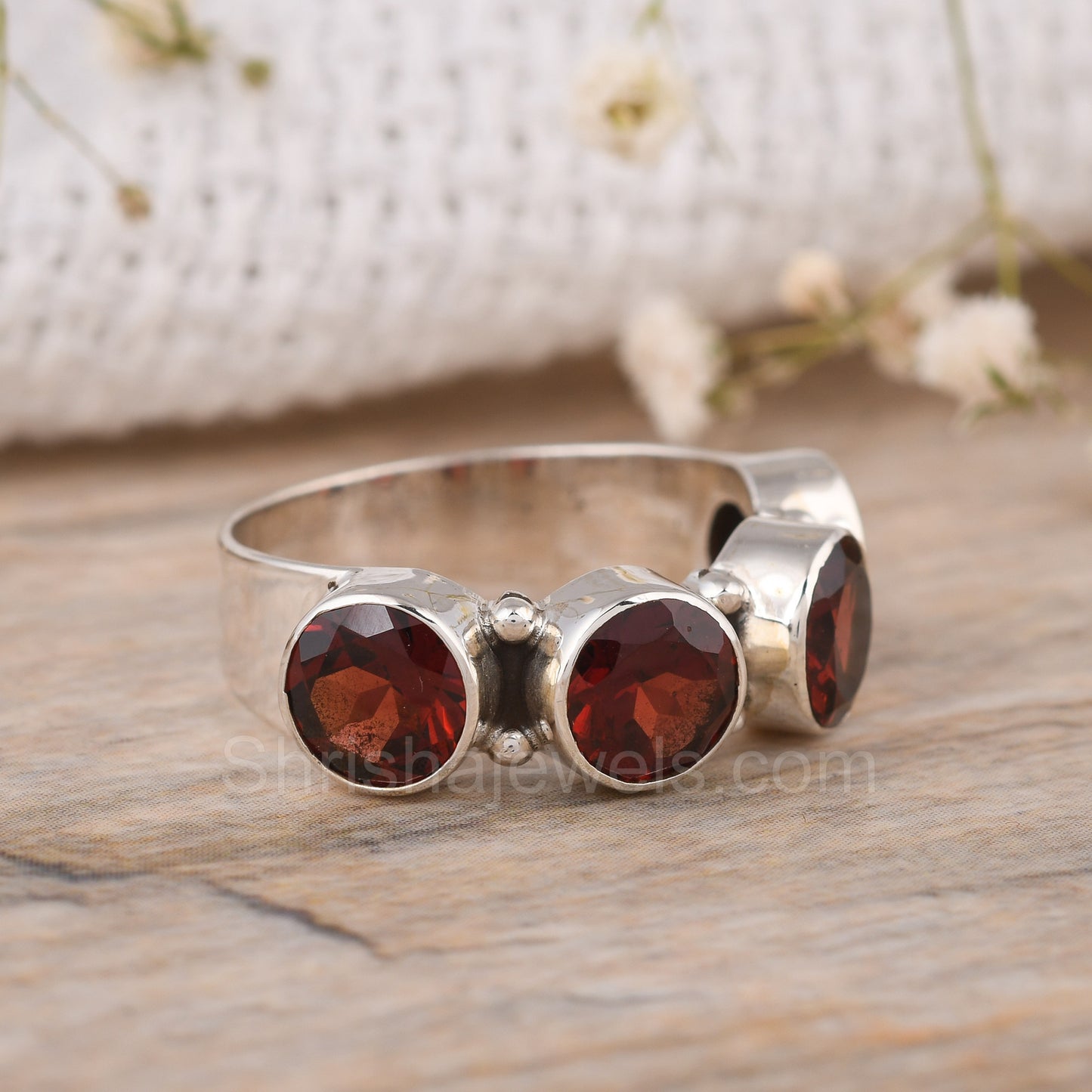 Faceted Red Garnet Round 925 Sterling Silver Ring - Shrisha Jewels - SJRG-10069