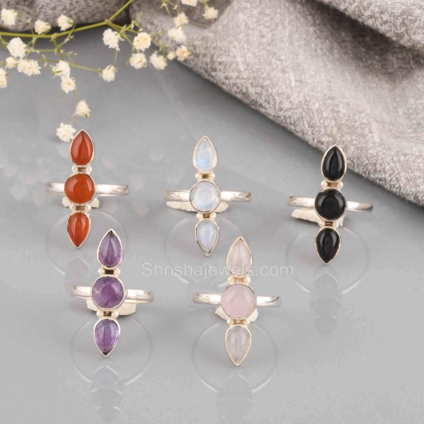Three Rainbow Moonstone 925 Sterling Silver Ring – June Birthstone Handmade Boho Jewelry