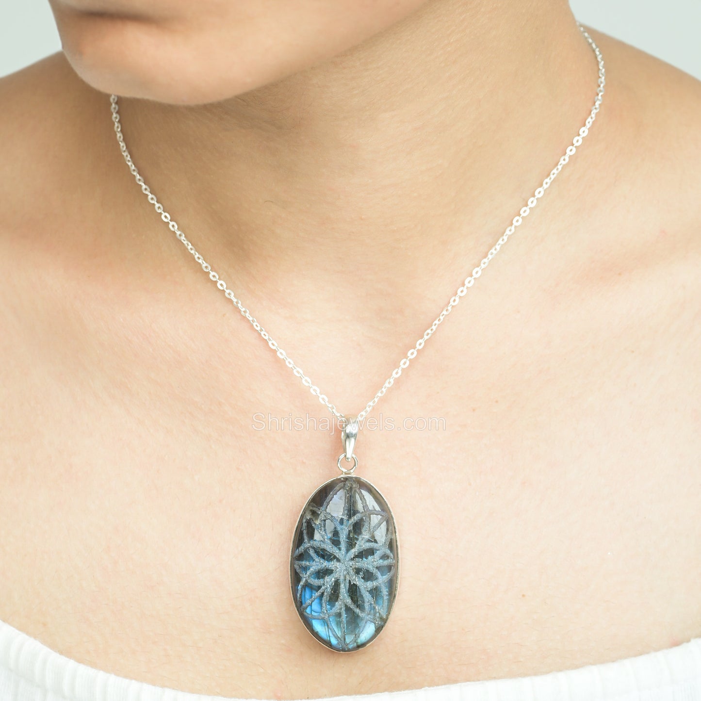 Hand carved Labradorite 925 Sterling Silver Pendant - One of Kind Ring - Shrisha Jewels - SJPD-10029