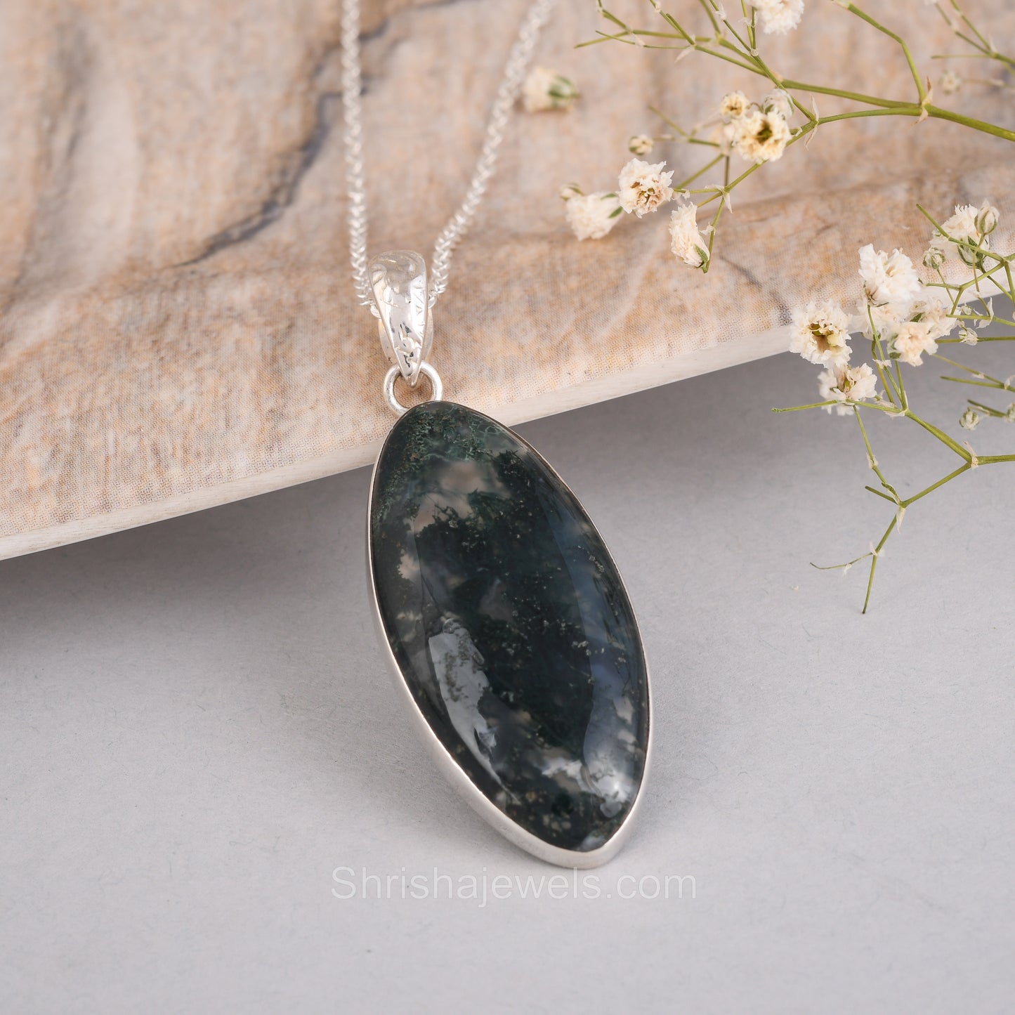 Moss Agate 925 Sterling Silver Pendant - One of Kind Ring - Shrisha Jewels - SJPD-10031