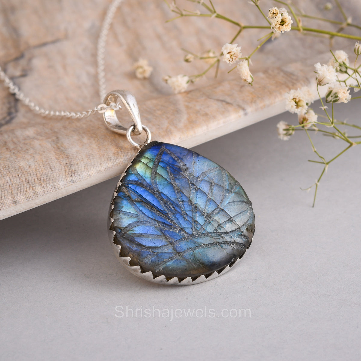Handcarved Labradorite 925 Sterling Silver Pendant - One of Kind Ring - Shrisha Jewels - SJPD-10032