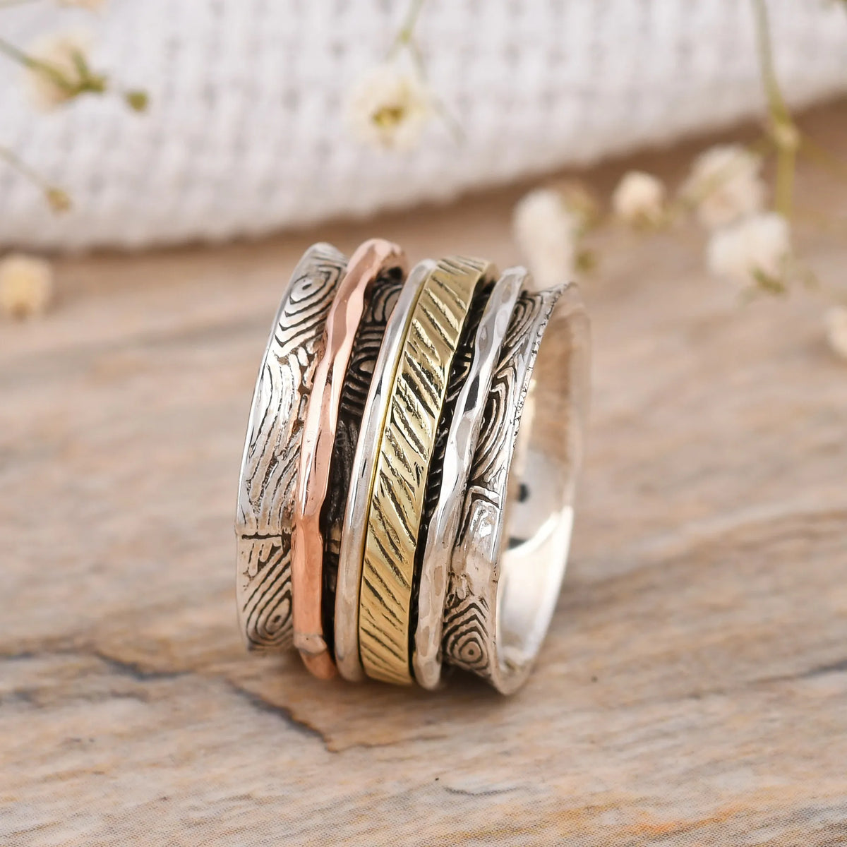 925 Silver Copper Brass Texture Band Spinner Ring – Handmade Mixed Metal Meditation Band