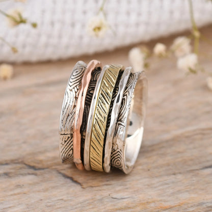 925 Silver Copper Brass Texture Band Spinner Ring – Handmade Mixed Metal Meditation Band