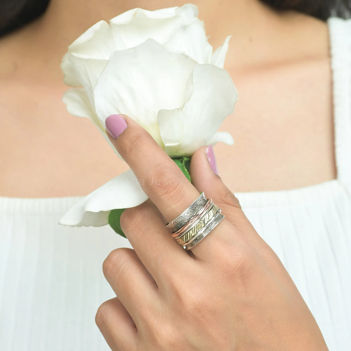 925 Silver Copper Brass Texture Band Spinner Ring – Handmade Mixed Metal Meditation Band