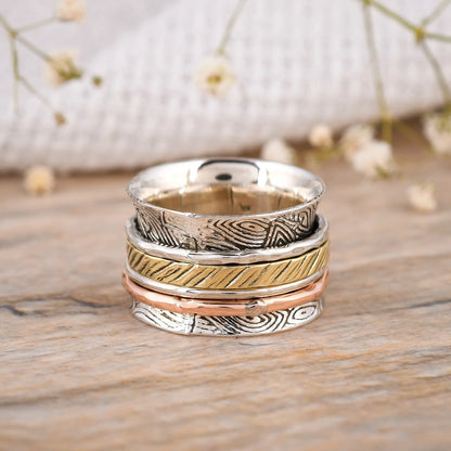 925 Silver Copper Brass Texture Band Spinner Ring – Handmade Mixed Metal Meditation Band