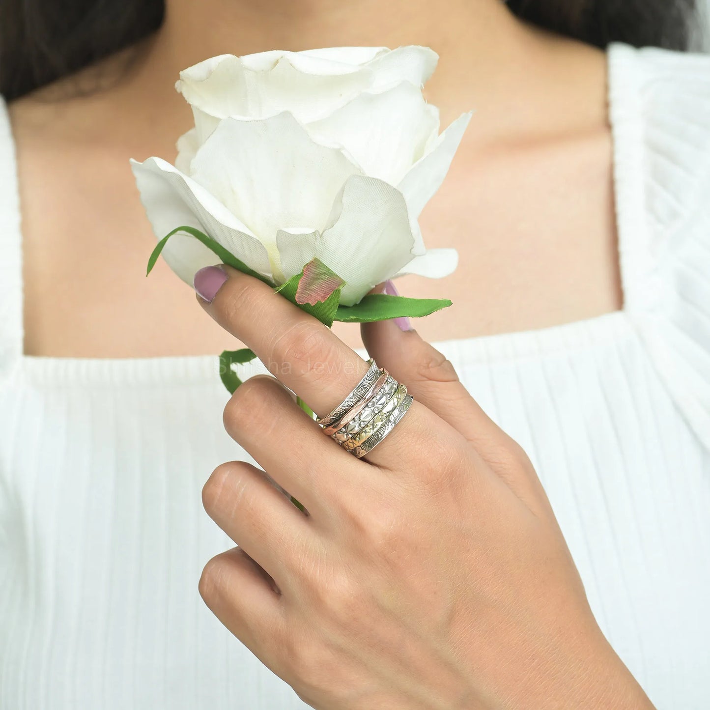 925 Silver Brass Copper Textured Band Ring – Handmade Mixed Metal Statement Ring