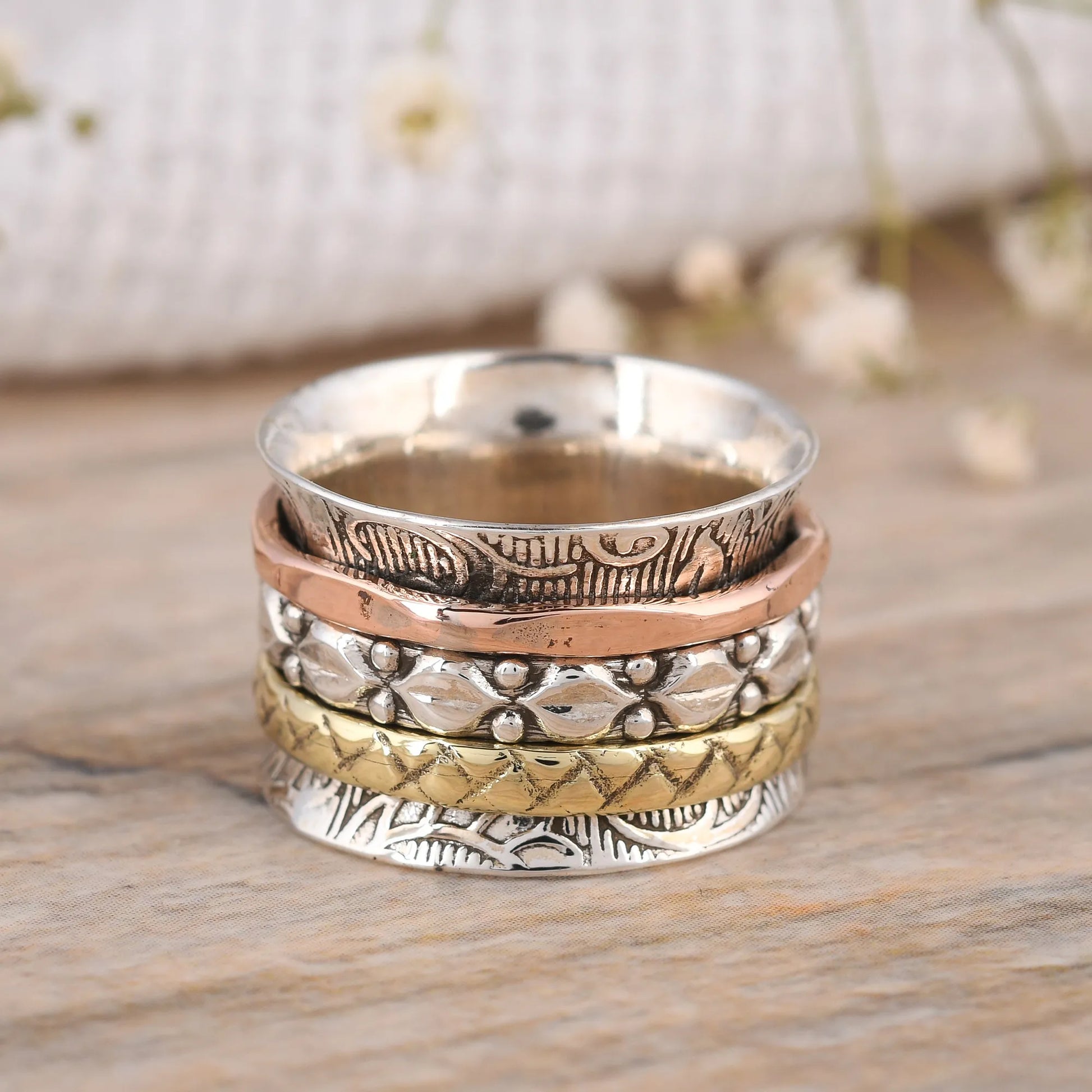 925 Silver Brass Copper Textured Band Ring – Handmade Mixed Metal Statement Ring