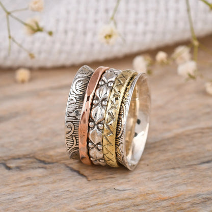 925 Silver Brass Copper Textured Band Ring – Handmade Mixed Metal Statement Ring