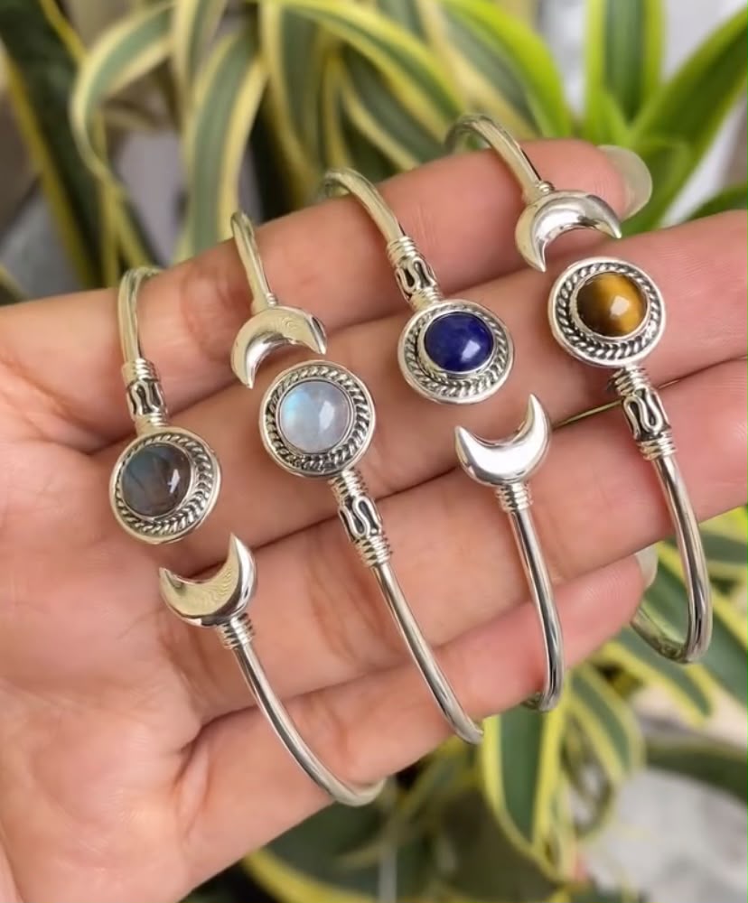 925 Sterling Silver Natural Gemstone Moon Bangles Wholesale