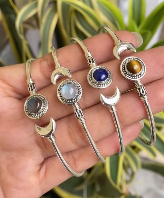 925 Sterling Silver Natural Gemstone Moon Bangles Wholesale