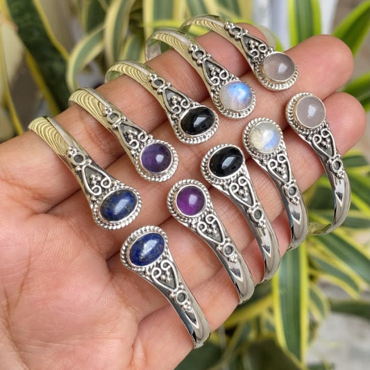 925 Sterling Silver Natural Gemstone Bangles Wholesale | Handmade Cuff Bracelets Bulk