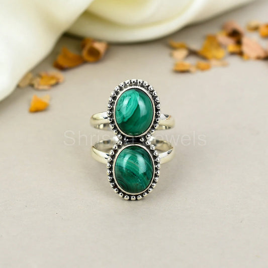 Natural Green Malachite 925 Sterling Silver Handmade Boho Jewelry Ring