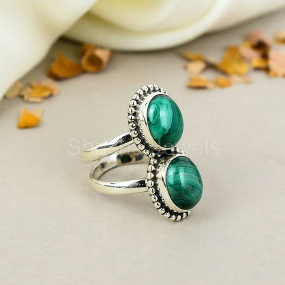 Natural Green Malachite 925 Sterling Silver Handmade Boho Jewelry Ring