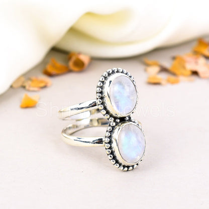 Rainbow Moonstone Gemstone 925 Sterling Silver Handmade Boho Jewelry Ring For Women