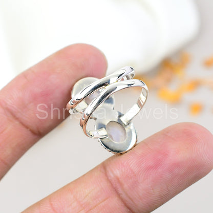 Rainbow Moonstone Gemstone 925 Sterling Silver Handmade Boho Jewelry Ring For Women
