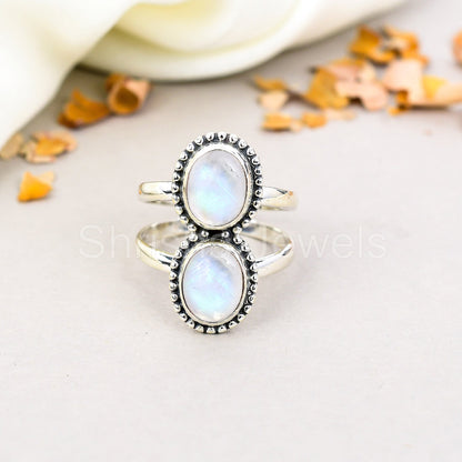 Rainbow Moonstone Gemstone 925 Sterling Silver Handmade Boho Jewelry Ring For Women