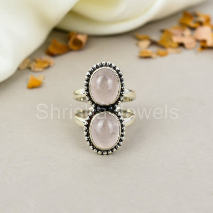 Rose Quartz Gemstone 925 Sterling Silver Handmade Boho Jewelry Ring For Women