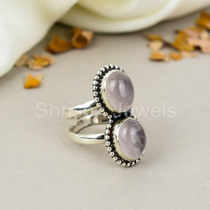 Rose Quartz Gemstone 925 Sterling Silver Handmade Boho Jewelry Ring For Women