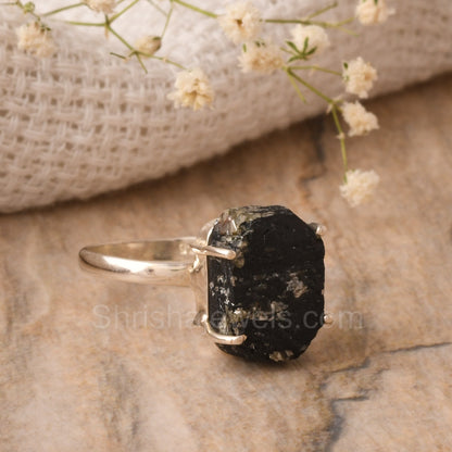 Black Tourmaline Rough 925 Sterling Silver Ring SIZE - 9 US - One of Kind Ring - Shrisha Jewels - SJRG-10076