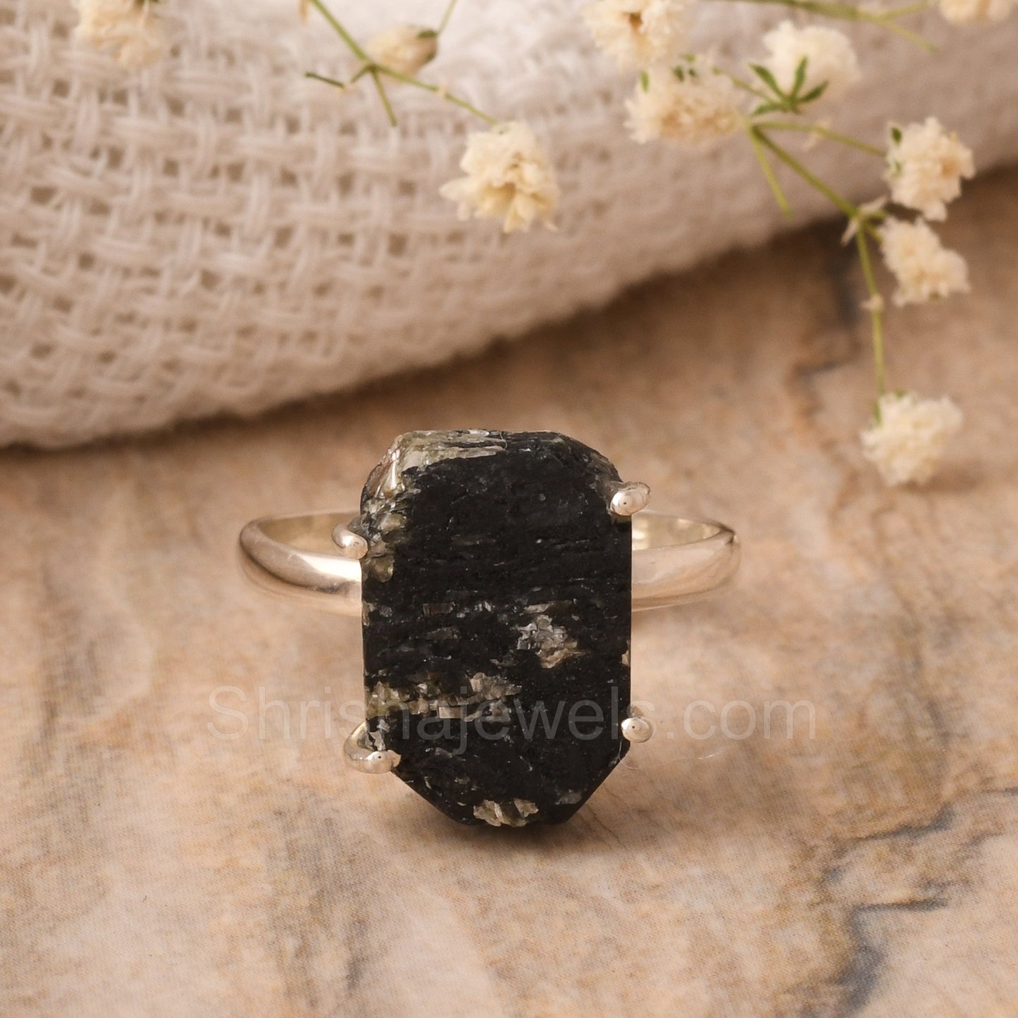 Black Tourmaline Rough 925 Sterling Silver Ring SIZE - 9 US - One of Kind Ring - Shrisha Jewels - SJRG-10076