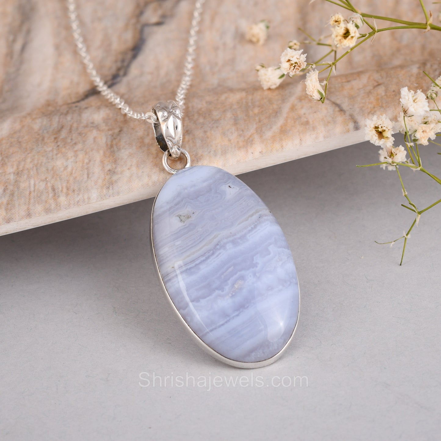 Blue Lace Agate 925 Sterling Silver Pendant  - One of Kind Ring - Shrisha Jewels - SJPD-10028