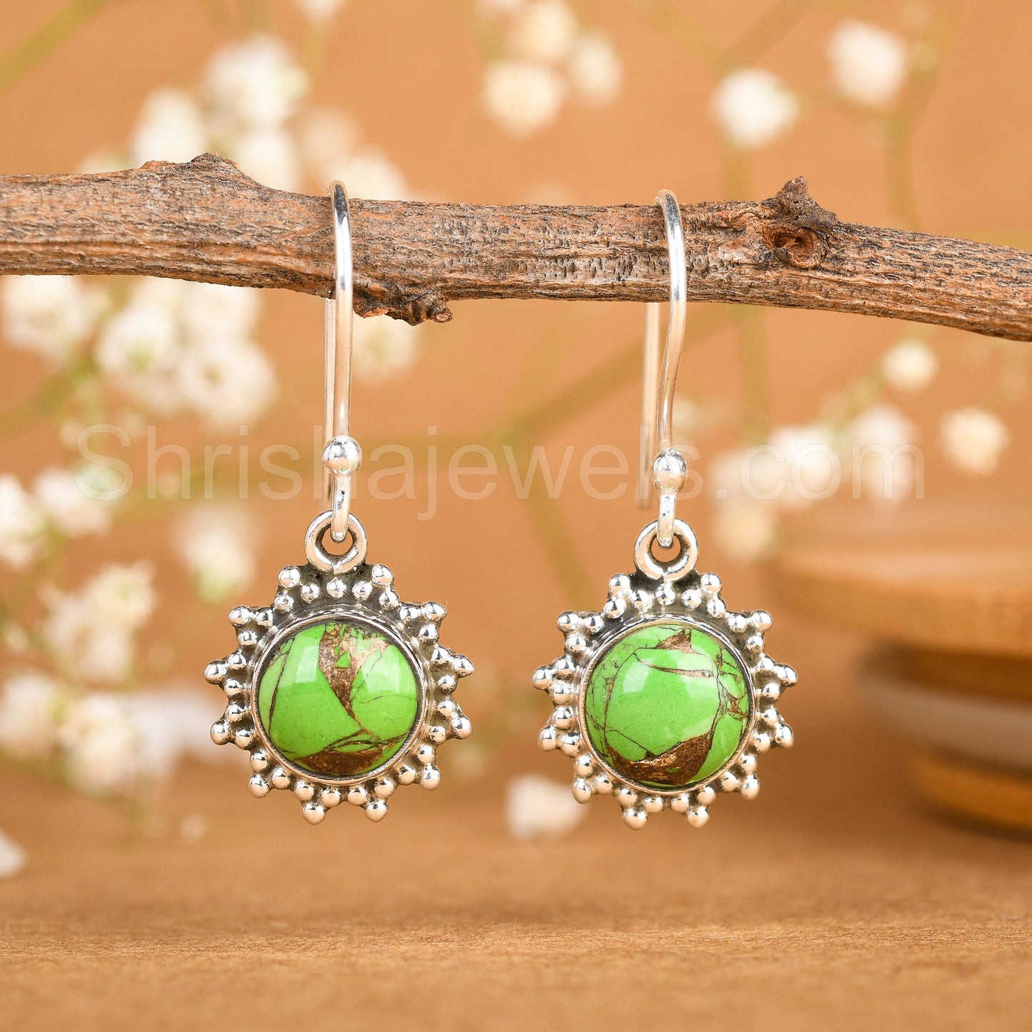 Green Copper Turquoise 925 Sterling Silver Earrings - Shrisha Jewels - SJER-10049