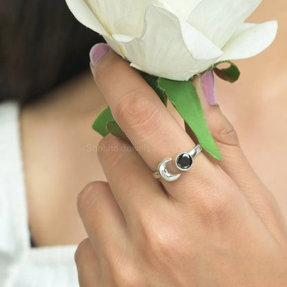 Crescent-Moon-Garnet-Adjustable-Ring-925-Sterling-Silver-Celestial-Jewelry