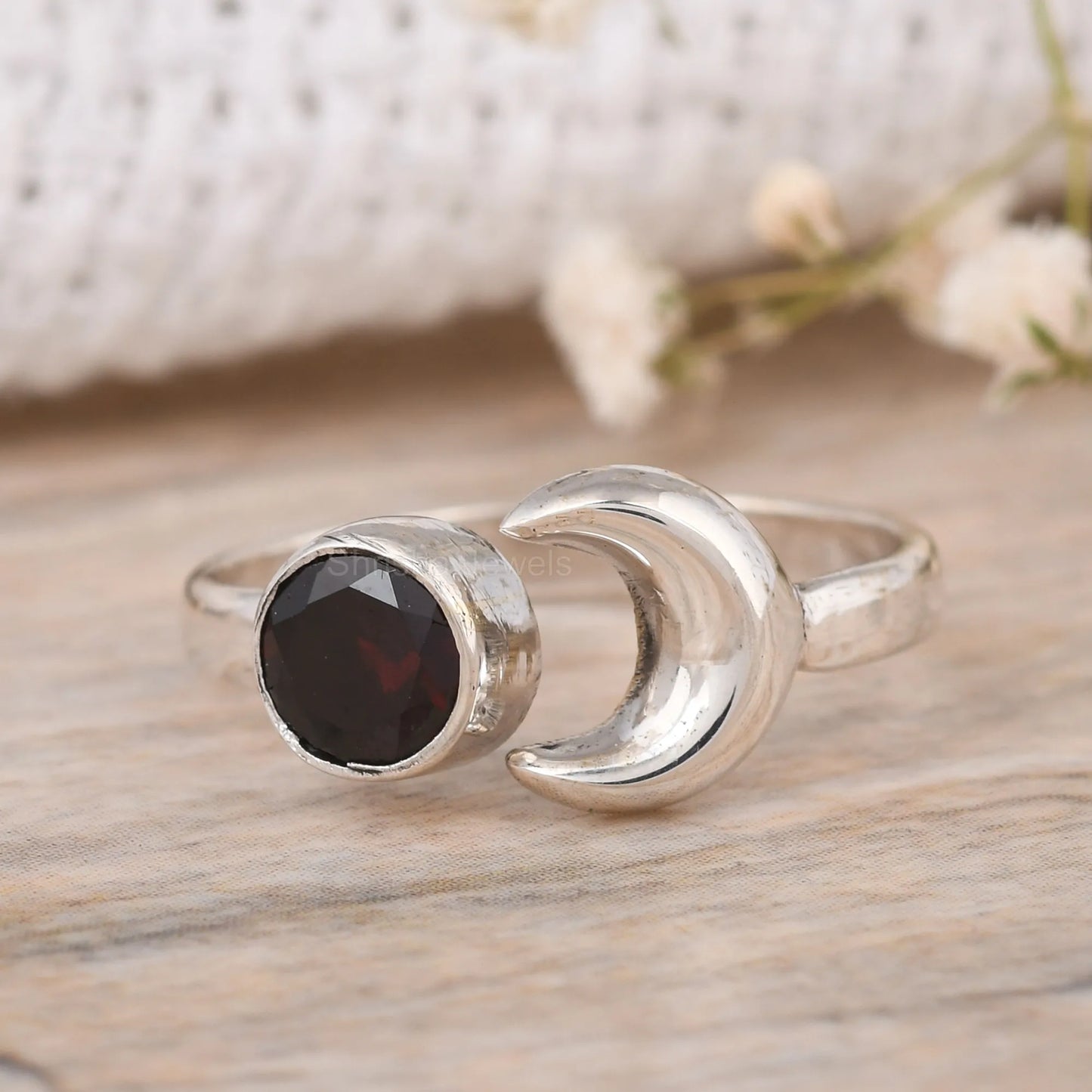 Crescent-Moon-Garnet-Adjustable-Ring-925-Sterling-Silver-Celestial-Jewelry