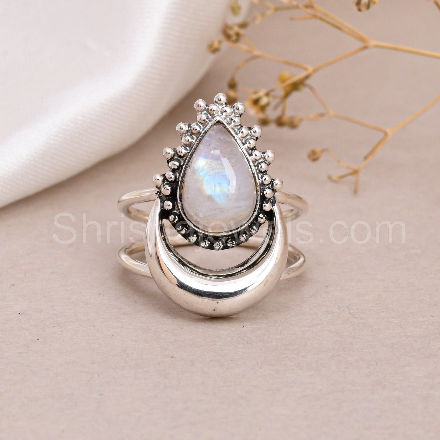 Crescent Moon Rainbow Moonstone 925 Silver Ring - Shrisha Jewels - SJRG-10078