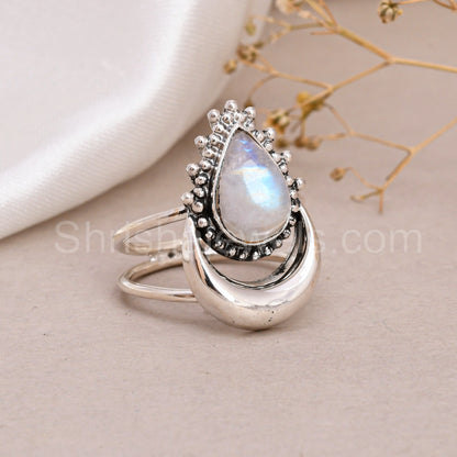 Crescent Moon Rainbow Moonstone 925 Silver Ring - Shrisha Jewels - SJRG-10078