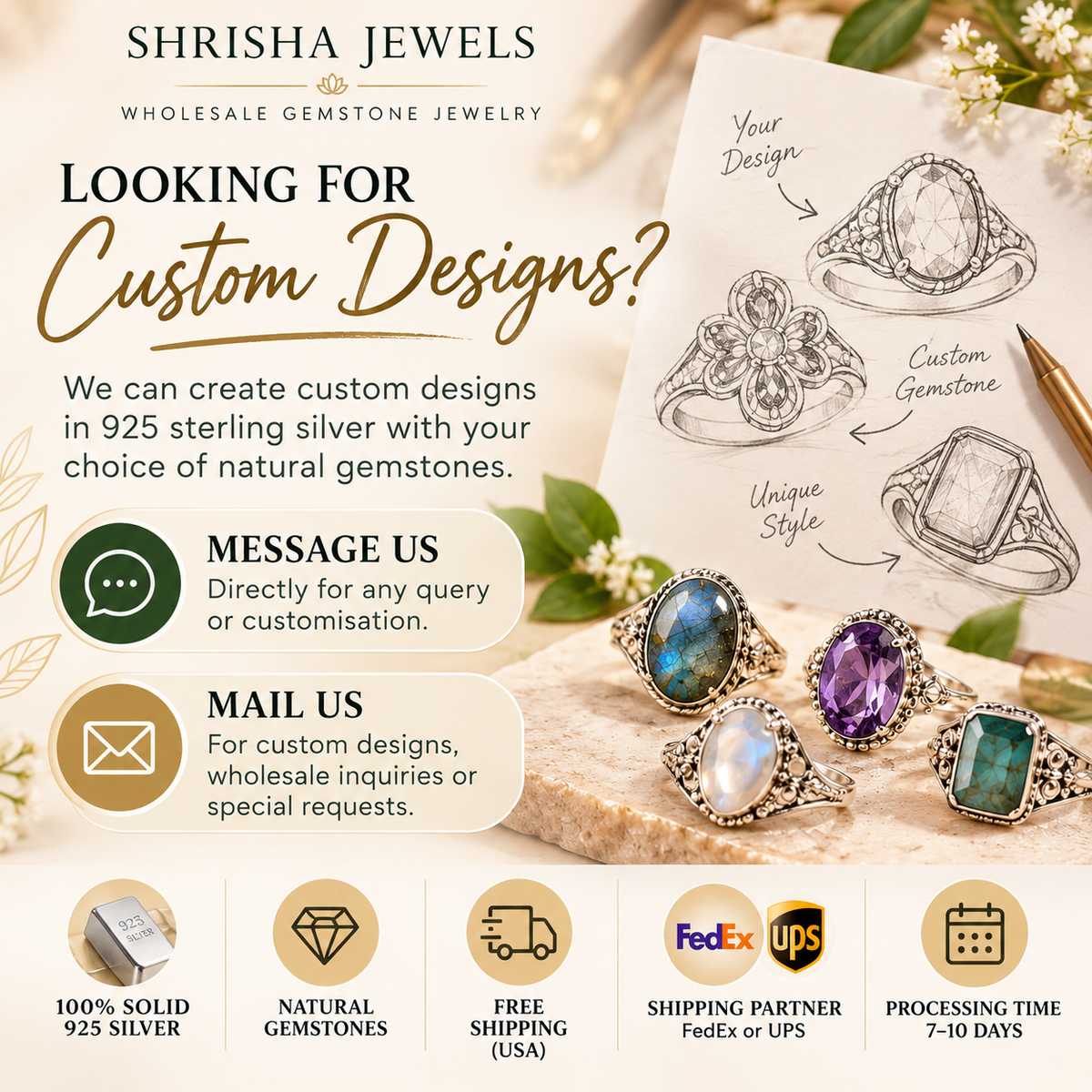 Wholesale 925 Sterling Silver Gemstone Rings Assorted Natural Stone Rings in Bulk