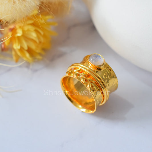 Gold Fidget Ring/ Anxiety Ring/ Rainbow Moonstone Ring For Women