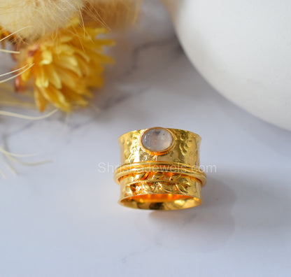 Gold Fidget Ring/ Anxiety Ring/ Rainbow Moonstone Ring For Women