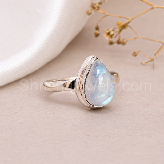 Rainbow Moonstone 925 Silver Pear Shape Ring - Shrisha Jewels - SJRG-10038