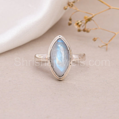 Rainbow Moonstone 925 Silver Marquise Shape Ring - Shrisha Jewels - SJRG-10035