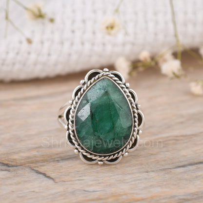 Dyed Emerald Pear Shape 925 Silver Ring - Shrisha Jewels - SJRG-10049