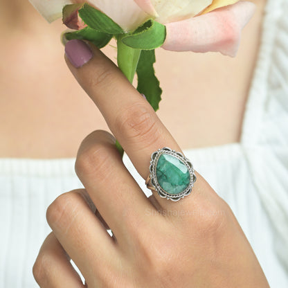 Dyed Emerald Pear Shape 925 Silver Ring - Shrisha Jewels - SJRG-10049