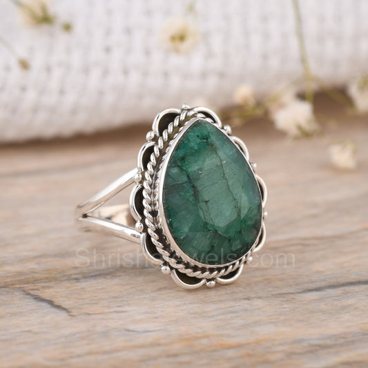 Dyed Emerald Pear Shape 925 Silver Ring - Shrisha Jewels - SJRG-10049