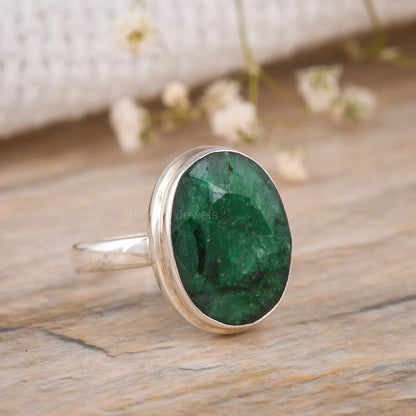 Emerald Oval Shape 925 Silver Handmade Statement Ring – May Birthstone Jewelry