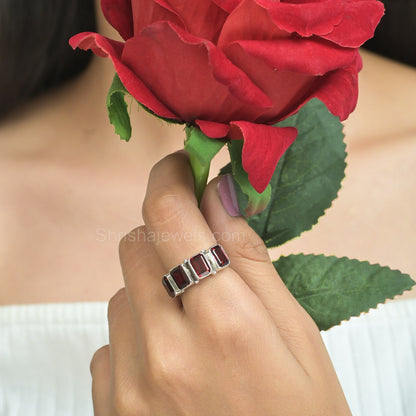 Faceted Red Garnet Baguette 925 Sterling Silver Ring