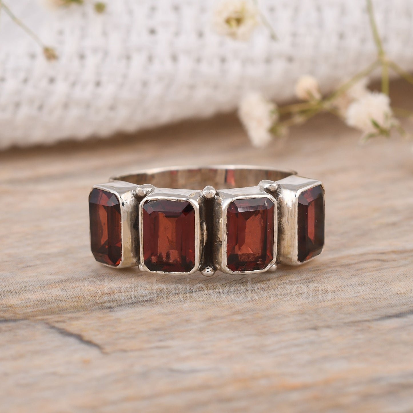 Faceted Red Garnet Baguette 925 Sterling Silver Ring