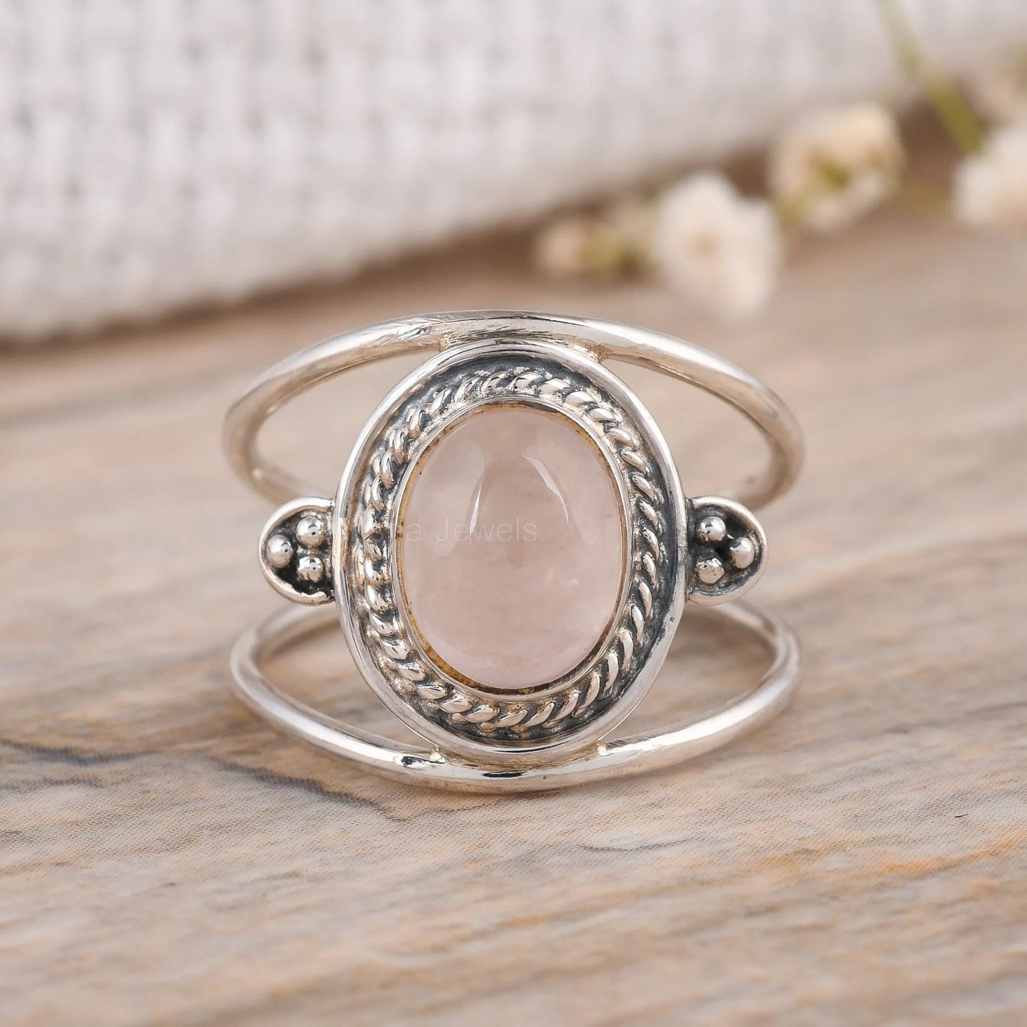 Handmade-Oval-Rose-Quartz-Statement-Ring-Two-Band-925-Sterling-silver-Design