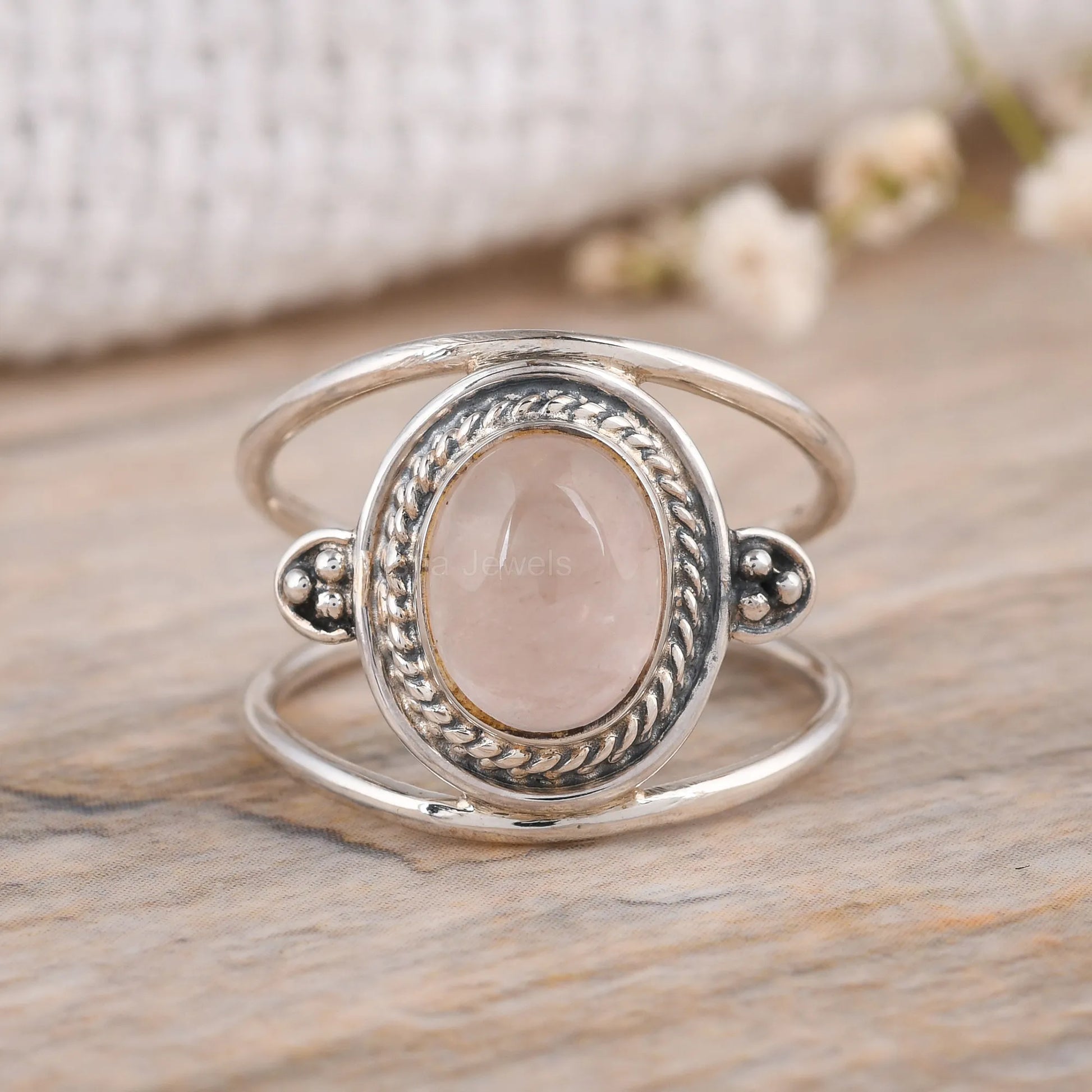 Handmade-Oval-Rose-Quartz-Statement-Ring-Two-Band-925-Sterling-silver-Design