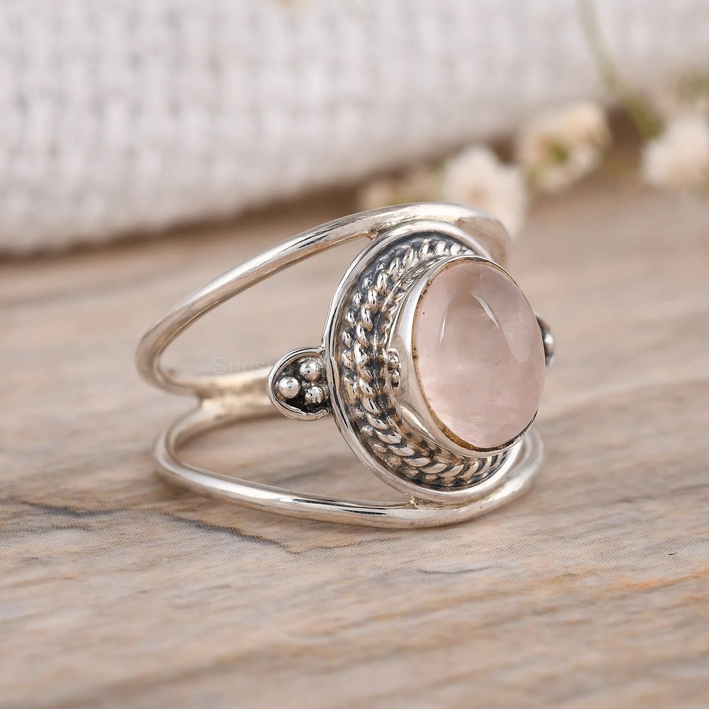 Handmade-Oval-Rose-Quartz-Statement-Ring-Two-Band-925-Sterling-silver-Design