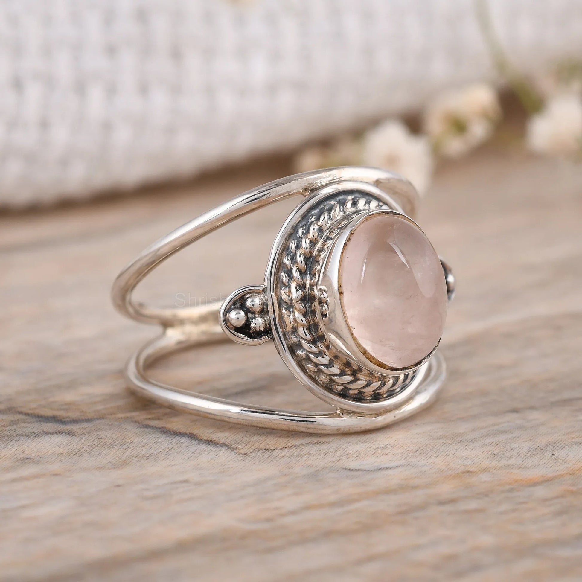 Handmade-Oval-Rose-Quartz-Statement-Ring-Two-Band-925-Sterling-silver-Design
