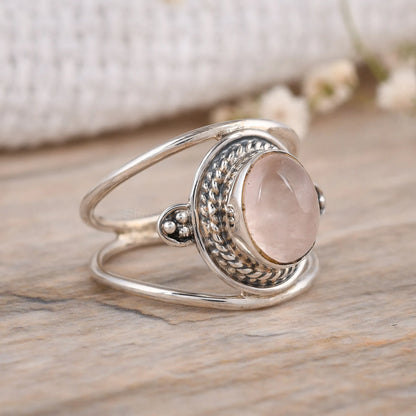 Handmade-Oval-Rose-Quartz-Statement-Ring-Two-Band-925-Sterling-silver-Design