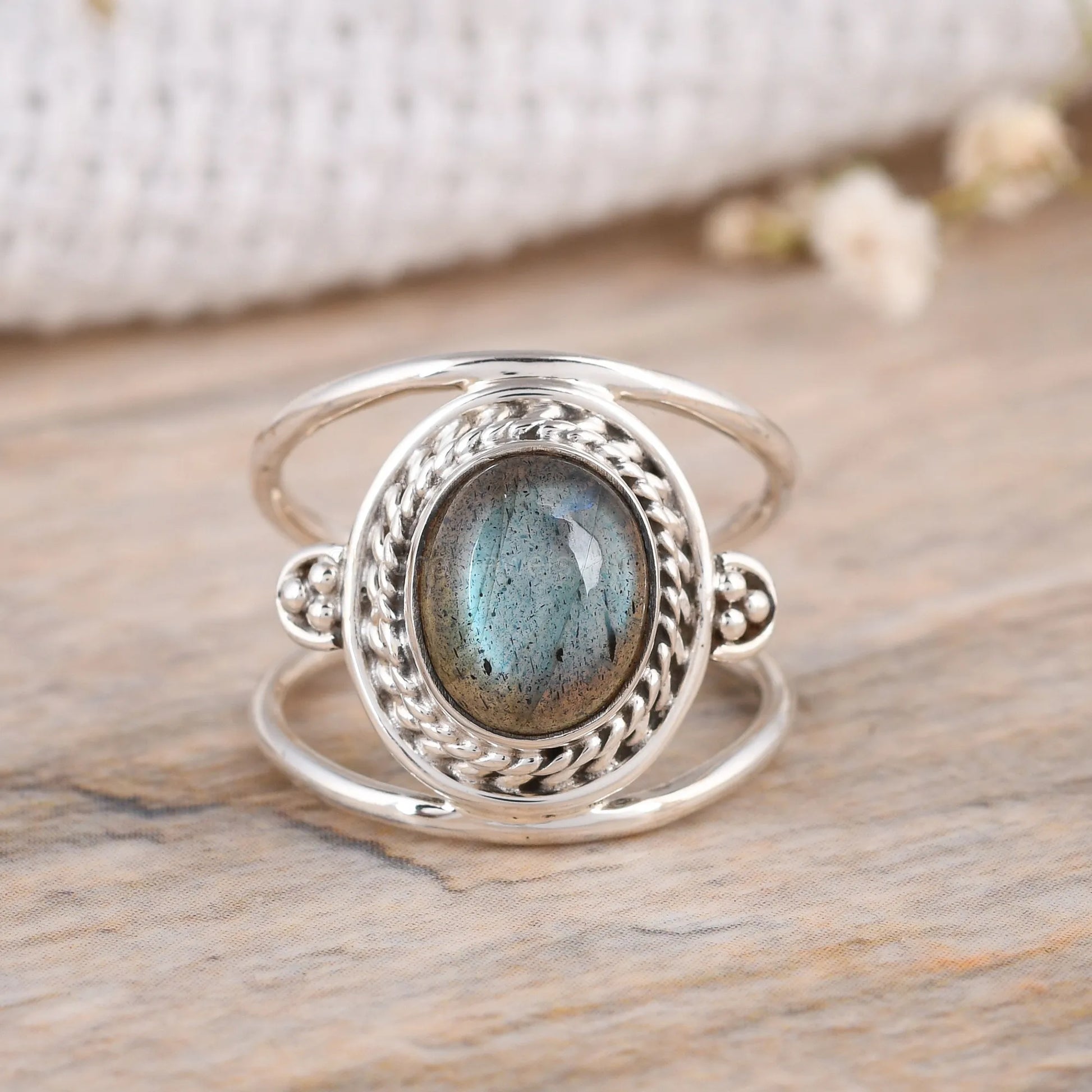 Handmade-Oval-Rose-Quartz-Statement-Ring-Two-Band-925-Sterling-silver-Design
